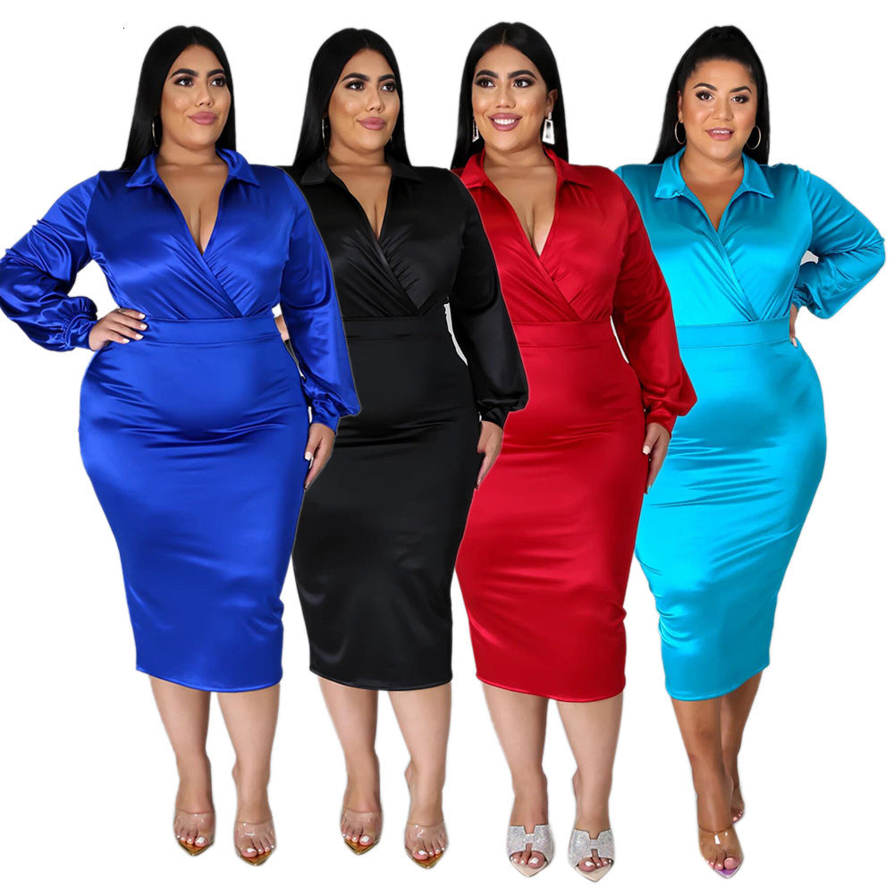 2021 New Plus Size Clothing 5xl Two Piece Set Women Shirt and Skirt Satin Fabric Office Lady Elegant Party Outfit Wholesale Dropshipping Adf