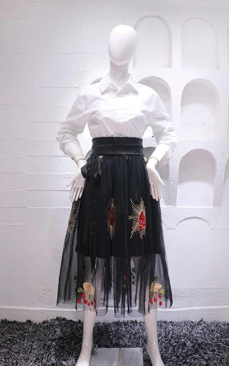 2021 New Runway Designers Black Mesh Embroidery Midi Skirts Women Spring Vintage High Waist Pleated Skirt Mujer Faldas I6zd