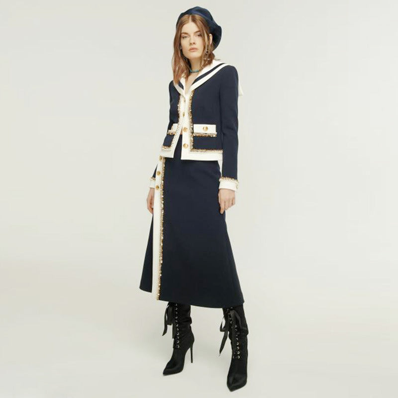 2021 New Runway Designers Elegant Ladies Office Autumn Winter Vintage Beading Jacket+midi Skirt Two Piece Set Women Eb1w