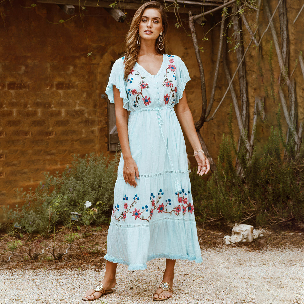 2021 New Boho Floral Embroidery Maxi Dress v Neck Ruffle Sleeve Vintage Female Vestido Summer Hippie Beach Long Women Dresses V10r