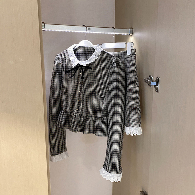 2021 New Elegant Ladies Office Two Piece Autumn Korean Fashion Lace Patchwork Houndstooth Blazer and Skirt Set Xzxg