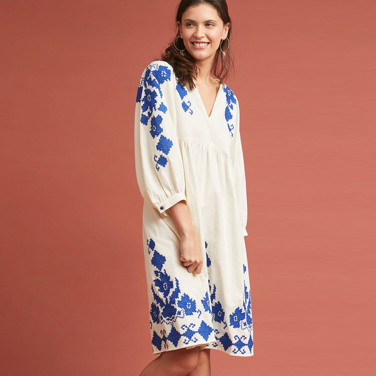 New 2021 Vintage Spring Autumn Boho Ethnic Embroidered Knee-length Women Dresses V-neck 3-4 Sleeve Cotton Dress Vestido Gb3v