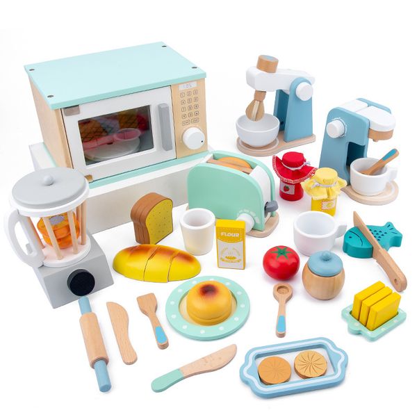 Children&#039;s Wooden Simulation Kitchen Set Play House Early Education Toy Bread Coffee hine Juicer Microwave Oven 210312