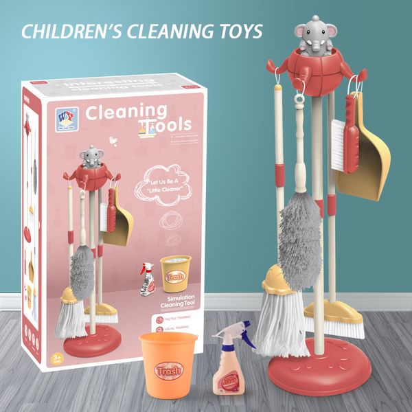 Kids elephant Housework Tool Toys Plastic Cartoon Pretend Play Cleaning Broom Mop Brush Set Educational Toys For Christmas Gift 210312