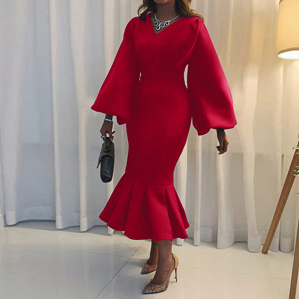 2021 Women Party Es Long Lantern Sleeves v Neck Bodycon Celebrate Event Elegant Office Ladies Occasion Vestidos New Female Robes Qm9o