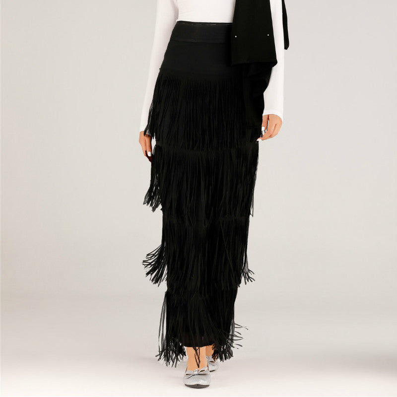 2021 New Women High Waist Skirts Solid Irregular Fringed Lady Long Skirt Tassel Elastic Casual African Modest Elegant Retro Jupes Falads Fey