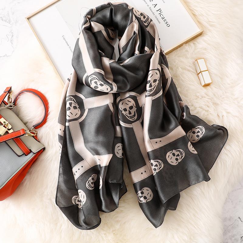 Soft Designer Skeleton Skull Silk Scarf Luxury Women Punk Style Long Silk Scarves Shawls Ladies Brand Hijab Foulard New