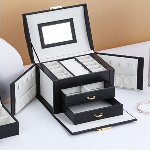 Jewelry Box Large Capacity Drawer Type Leather Storage Jewelry Box Earring Ring Necklace With Mirror Watch Jewelry Organizer 210315