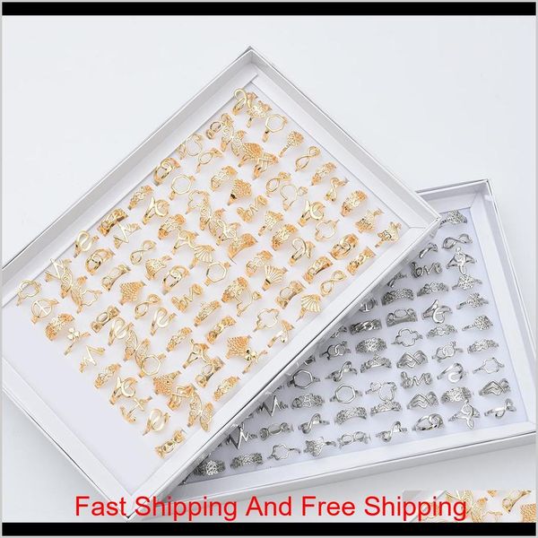 Wholesale 100Pcs-Lot Golden Silver Hollow Heart Love Crown Cluster ring Flower Mix Style Fashion Finger For Women Wedding Gift Jewelry J5Ruy