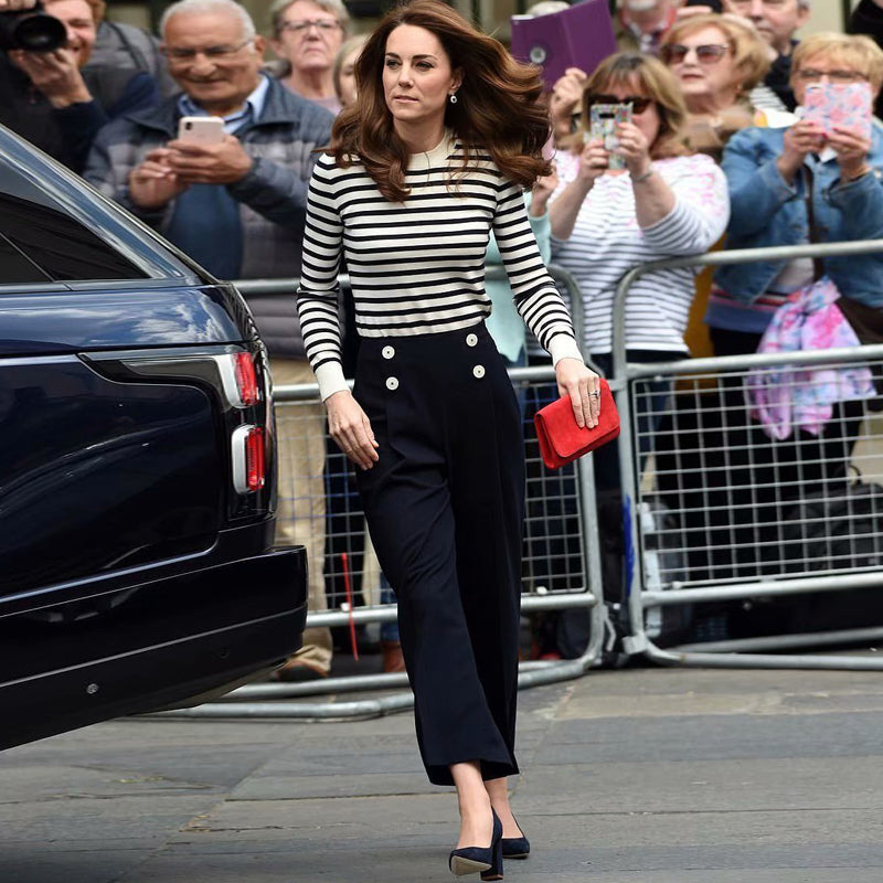 Kate Middleton New Fashion High Quality Party Office Striped Sweater Top Loose Black Trousers Vintage Elegant Chic Women&#039;s Sets 54a7