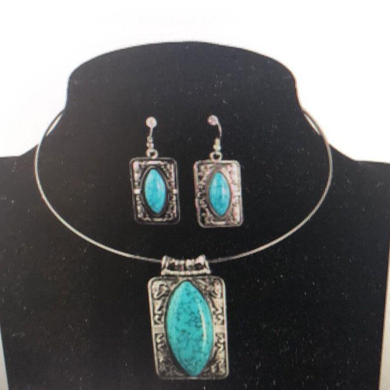 Chokers Factory Direct Ethnic Alloy Turquoise Ladies Necklace, Party Ornaments Retro Brinco Metal Hanging Stone Earrings Necklace