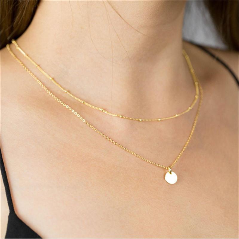 Chokers Necklace Double Layer Chains Ball Beads Chain Jewelry Gold Round Blank Disc Pendant Choker Women