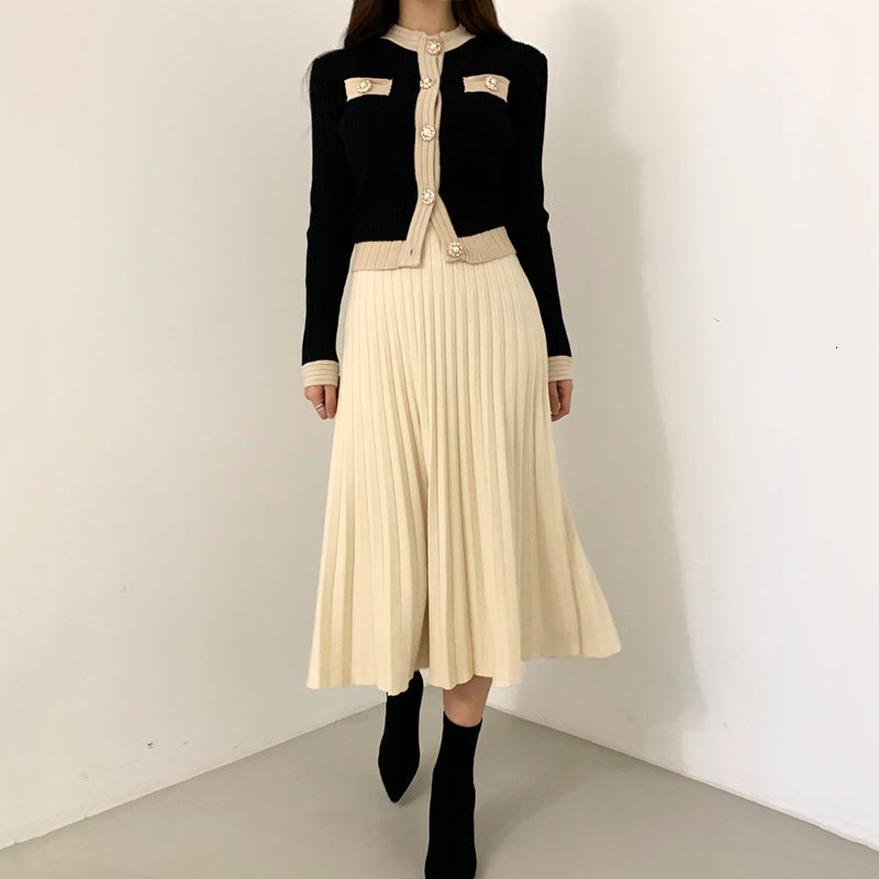 2021 Women Vintage Two Piece Set Autumn Winter Knit Cardigan Coat and a Line Skirt Sweater Outfit Ladies Elegant Office 2 Pcs Set D2r7