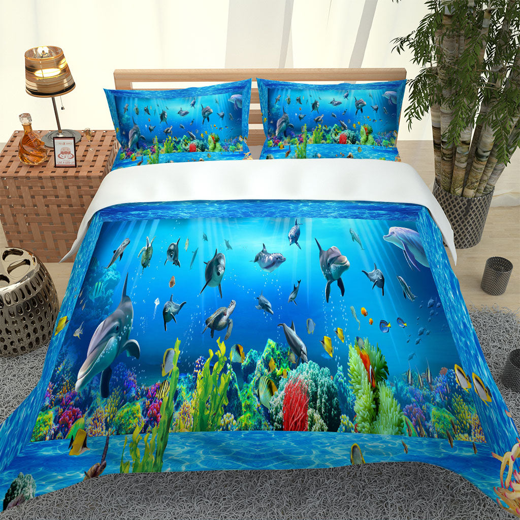 Luxury Queen Single King Size blue ocean dolphin bedding set Duvet Cover Sets Single Full Queen BedClothes Quilt Covers