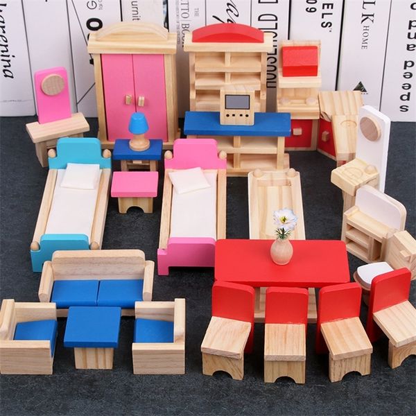 Miniature Furniture Dolls House Wooden dollhouse Furniture sets Pretend Toys Educational Play House Toys Children Girls Gifts 210312