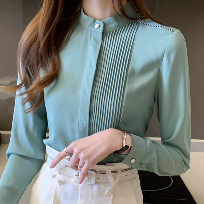 Long Sleeve Chiffon Blouse Shirt Tops Womens Blusas Mujer De Moda 2021 Stand Collar Office Women Blouses Blusa E225