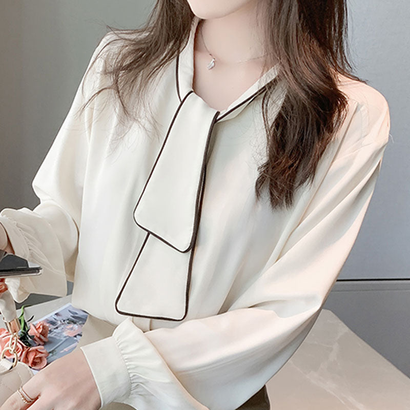 Long Sleeve Blouse Women Blouses Blusas Mujer De Moda 2021 Bow V-Neck Office Tops Chiffon Shirt Womens Blusa D685