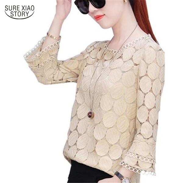 2021 Spring Plus Size Lace Flare Sleeve Women Chiffon Blouse Shirt Casual Solid Hollow Women Clothing Top Femlae Blusas 905E 30 210315