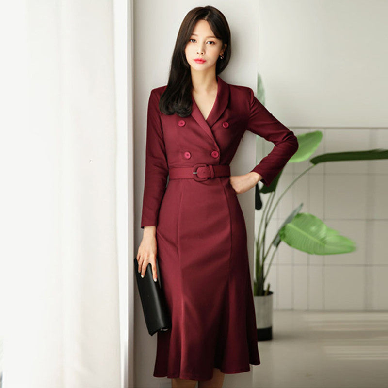 New 2021 Ol Style Wine Red Women Elegant Double Breasted Sashes Female Vestidos V-neck Mid-length Wear to Business Dress Kva6