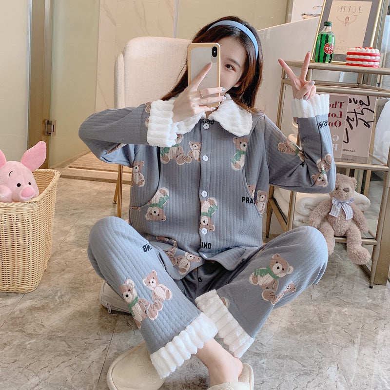2021 New Cotton Nursing Pajamas Set for Pregnant Women Breastfeeding Nightwear Cute Bear Print Lapel Winter Warm Sleepwear Htzv