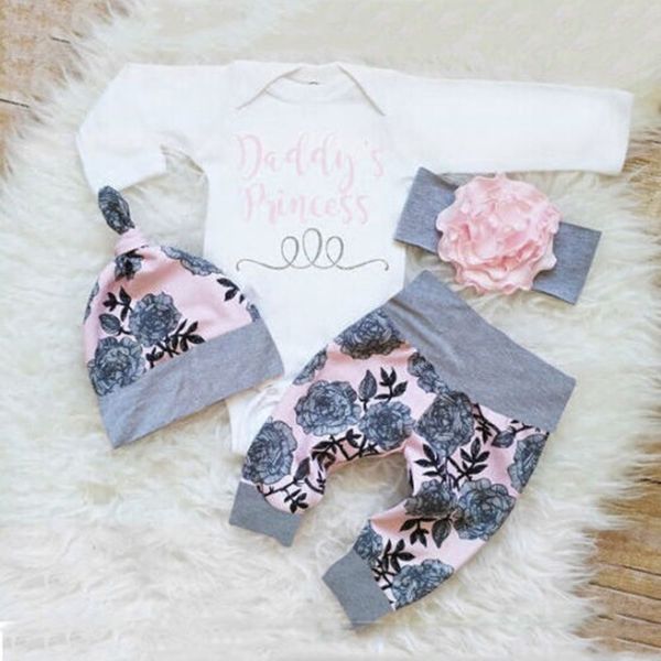 4pcs=1set Newborn Infant Baby Clothes Set Girl&#039;s Bodysuit +Pants Leggings +Hat+hairband Suits Baby Girl Clothes 210317