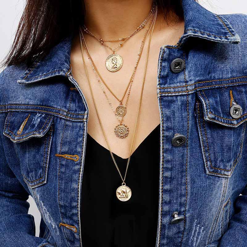 Pendant Necklaces Boho Multi Layer Carved Goddess Angle Coin Charm Necklace Kolye Choker Women Statement Long Collier Bijoux Femme NL230