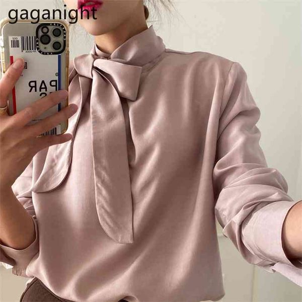 Fashion Women Solid Loose Shirt Long Sleeve Chic Korean Lady Formal Blouses Bow Bandage Elegant Blusas Drop 210601