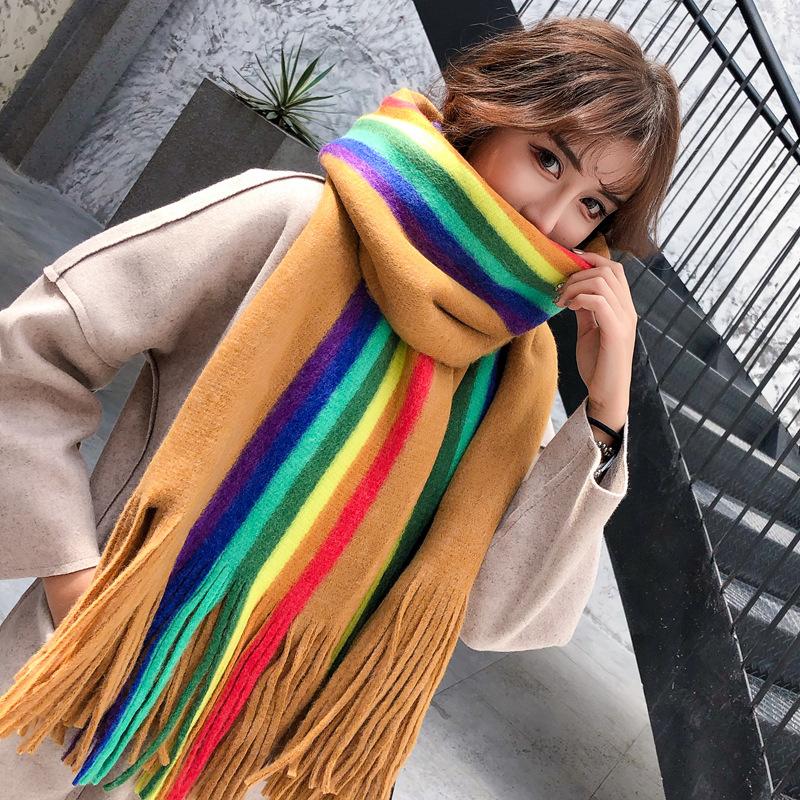 Scarves 2021 Long For Women Winter Knitting Wool Rainbow Stripes Scarf Blanket Cashmere Soft Shawl Tassel Thicken Warm