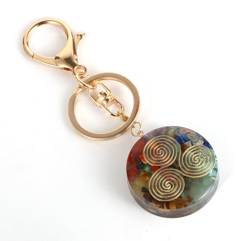 Keychains Vintage Gold Circle Energy Orgonite Key Chains For Men Women Reiki Healing 7 Chakra Chip Gravel Stone Orgone Car Bag Keychain