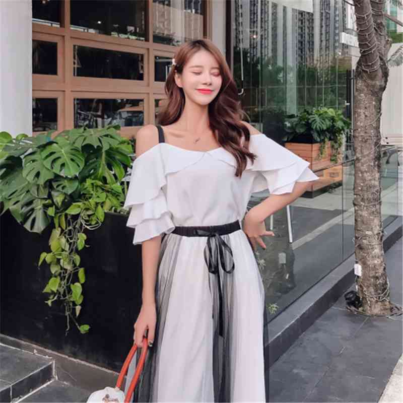 Two Piece Dress Elegant Women Ruffle Sling Tops Casual Mesh Drawstring Waist Mid Long Skirt Set Summer Woman Skirts Suit D040 3FTW
