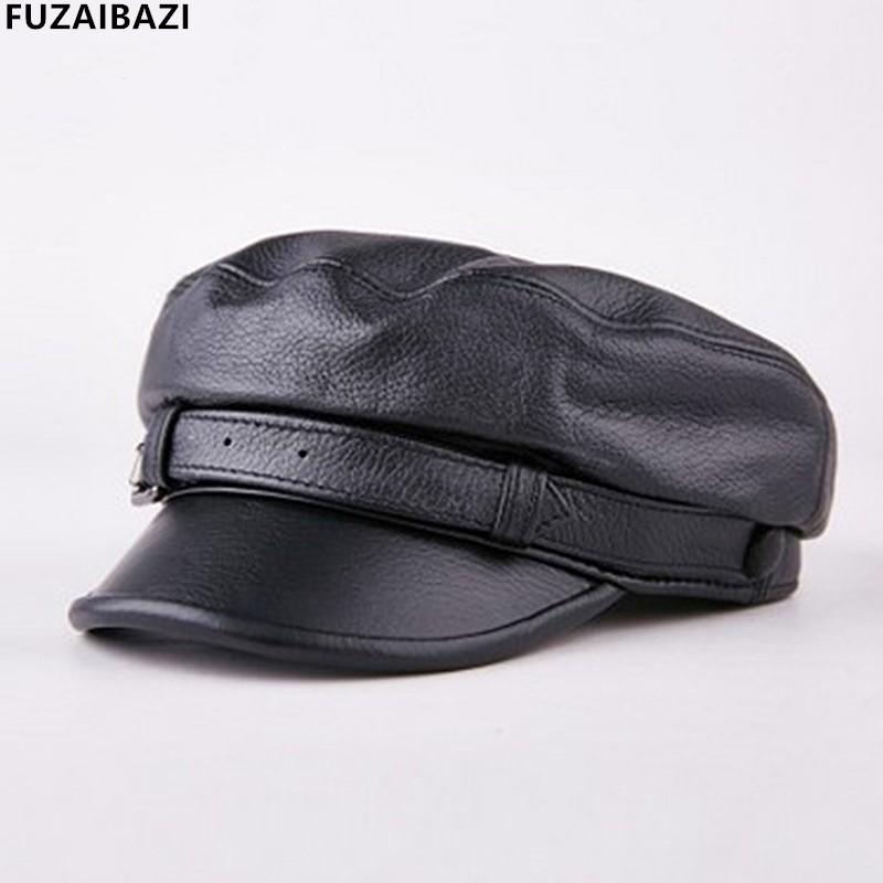 Wide Brim Hats FUZAIBAZI Youth Spring Fall Fashion Genuine Leather Women&#039;s Men&#039;s Military Trend Sheepskin Winter Flat Cap
