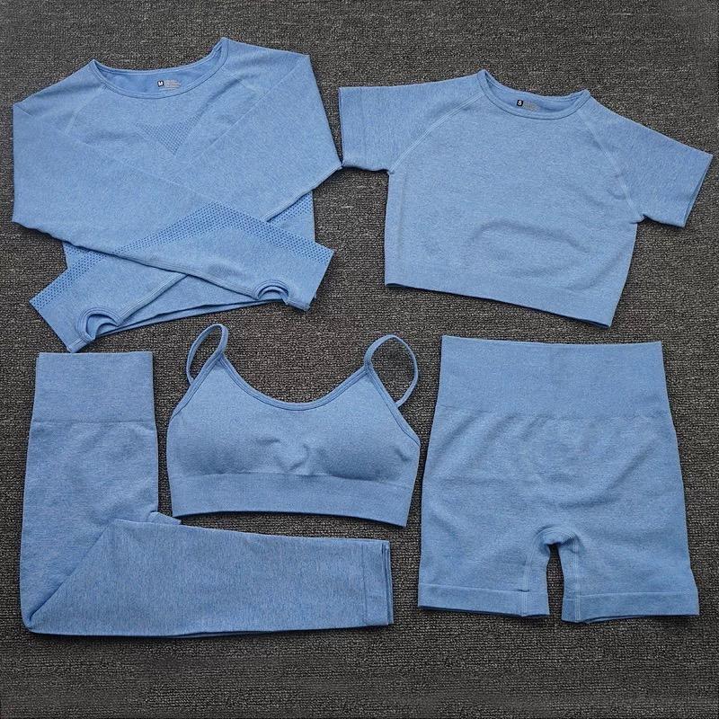 Yoga Outfit 5PCS Women Seamless Set Sportswear Workout Fitness Long Sleeve Crop Top High Waist Leggings Gym Clothing Sport Suits