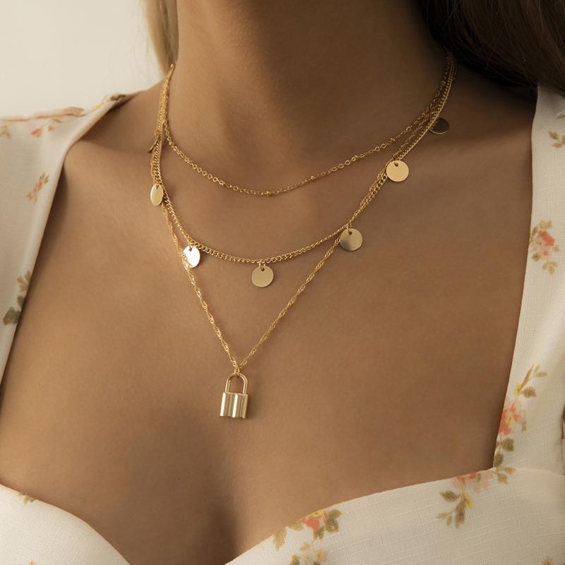 Pendant Necklaces Fashion Metal Round Circle Lock Necklace Gold Color Steampunk Layered Clavicle Chain Choker For Women Jewelry
