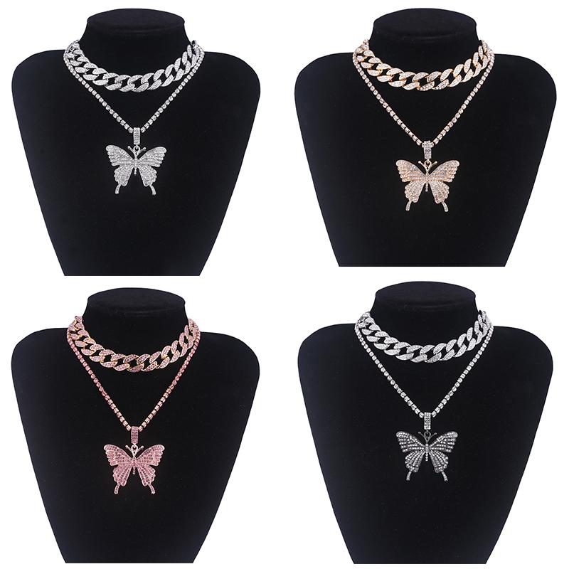 Pendant Necklaces Big Butterfly Necklace Set Iced Out Rhinestone Hip Hop For Women Bling Cuban Link Chain Choker Jewelry