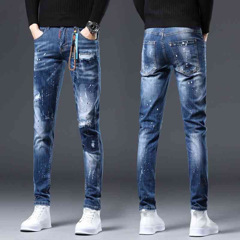 New quality trendy brand badge Stretch Leggings perforated men&#039;s jeans