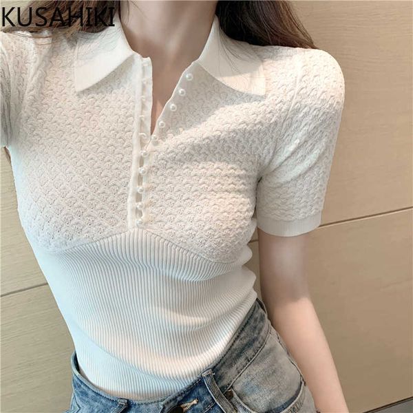 Summer Short Sleeve Women Knitted T Shirts Slim Graphic Tshirts Causal Solid Turn-down Collar Tee Tops 6H072 210603