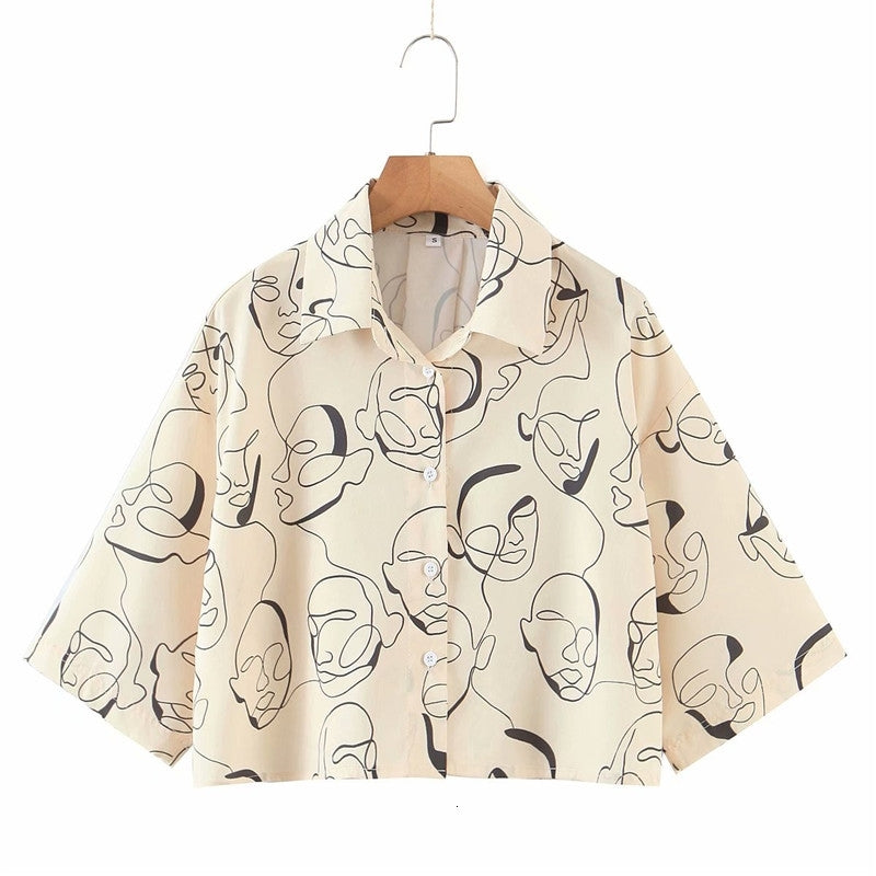 Women&#039;s Blouses & Shirts Women Summer Fashion Mask Print Za Yellow Short Tops Oversize Chic Lady Casual Sleeve Single Breasted Loo