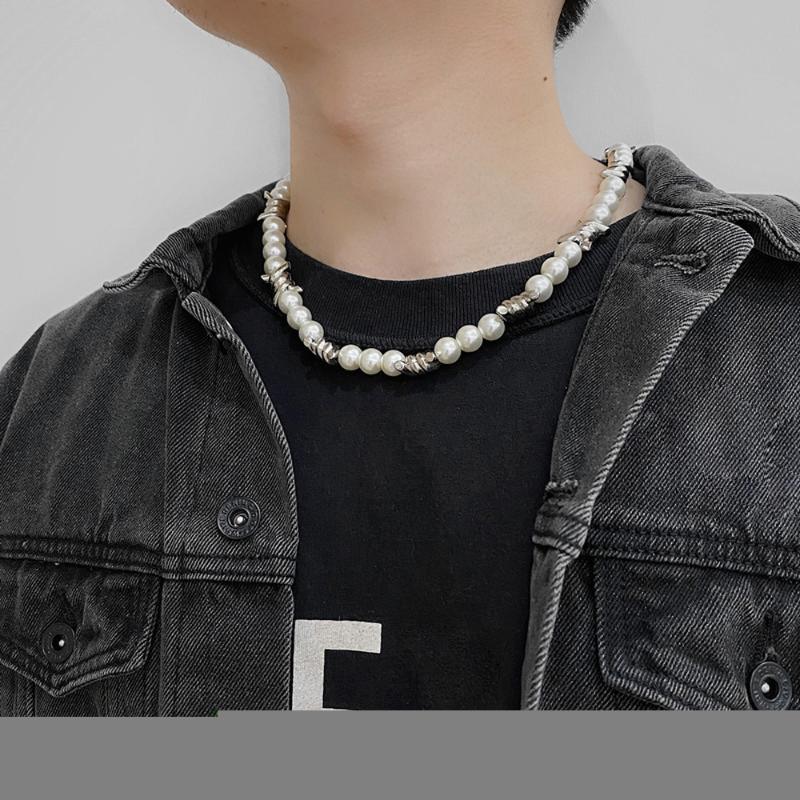 Chokers Imitation Pearl Beads Necklace For Twist Men Women Cool Pink Short Collar Clavicle Jewelry