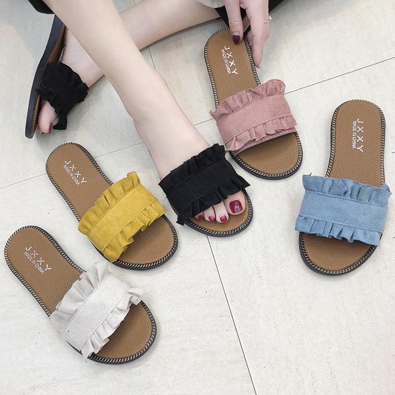 Slippers Women Slipper Candy Color Slides Pleated Denim Flip Flops Lace Woman Shoes Slip On Flat Ladies Shoe Zapatos Mujer N7213