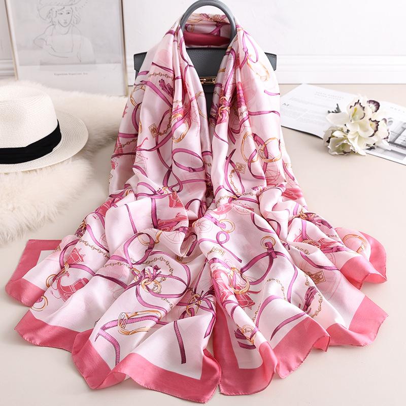 Scarves Women Imitation Silk Scarf Chain Print Shawls Office Lady Soft Wraps Female Headscarf Beach Towel Gift 90x180cm