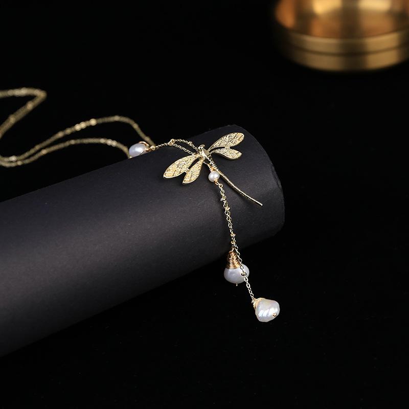 Pendant Necklaces Handmade Metal Dragonfly Shape Neck Pendants Women Vintage Freshwater Pearl Tassel Necklace Choker Chain Wedding Jewelry X