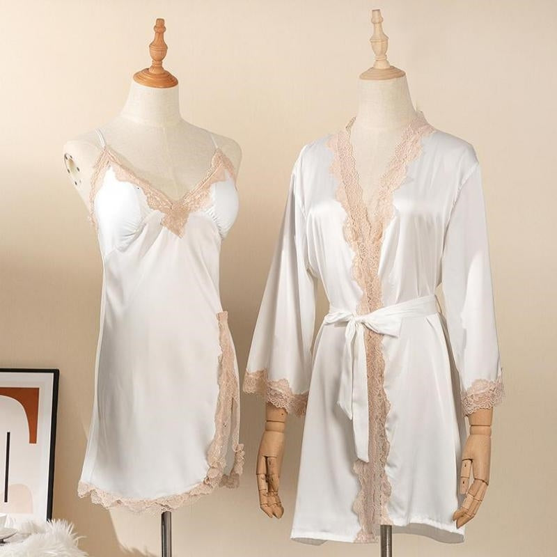 Women&#039;s Sleepwear Robe Set Faux Silk For Women Kimono Bathrobe Gown Satin Night Lace Nightgown Summer Bridal Wedding Suits 41EE