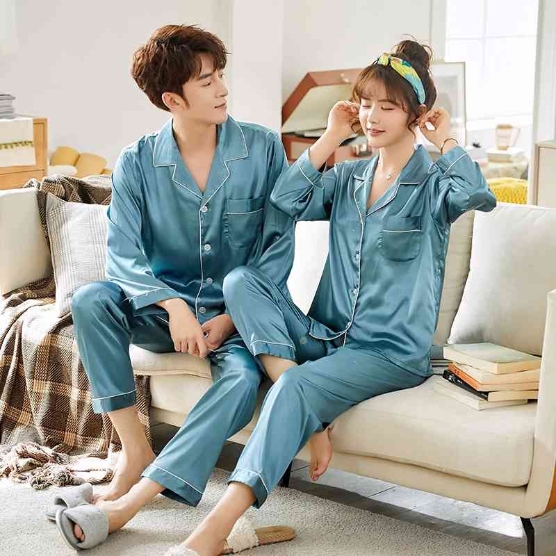 Women&#039;s Sleepwear Lovers&#039; Oversize 3XL Couples Satin Pajamas Set 2PCS Shirt&Pant Home Clothes Intimate Lingerie Men&Women Pyjamas