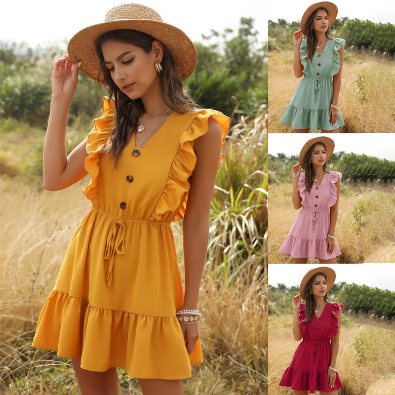 European and American women&#039;s wholesale 2021 summer yellow V-neck Ruffle bubble lace dress