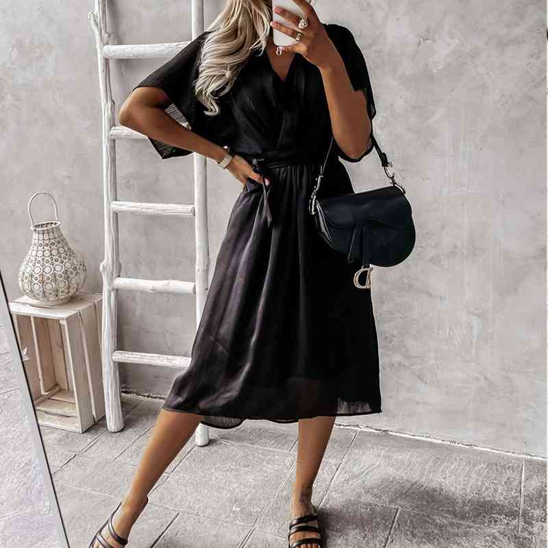 Casual Dresses V Neck Butterfly Sleeveless Midi Women Summer Solid Color A-Line Big Swing Sashes Office Lady Fashion Clothes N0AQ