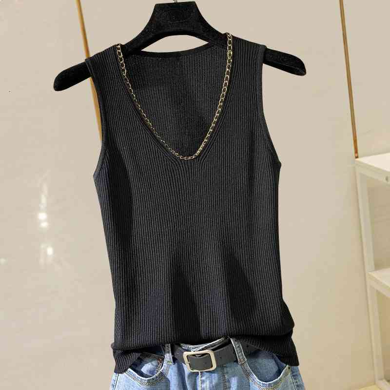 Women&#039;s Tanks & Camis Ice Silk Knitted Black Tank Top Women Chains Patchwork Sleeveless V-Neck Fashion Basic Tops Summer 2021 Arri
