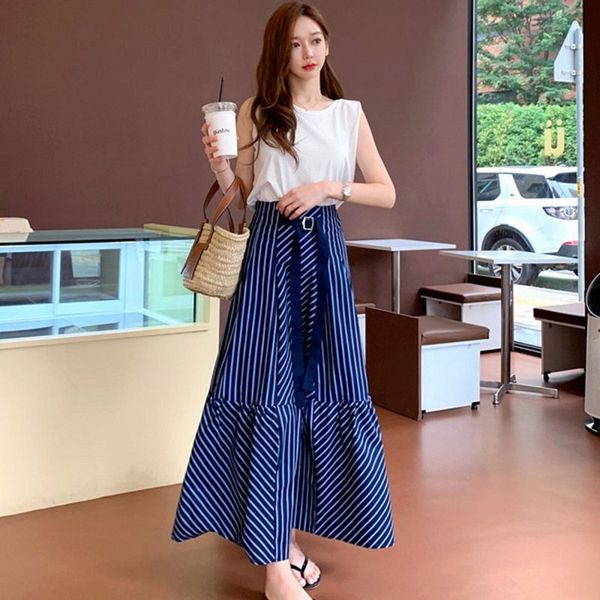 Summer Blue stripe Two piece set Women white sleeveless Tops and hight waist Slim Long Skirts Suits 210529