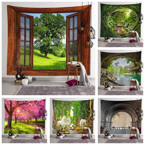 Forest Tapestry 3D Printed Window Wall Carpet Soft Polyester Fabric Sheet Natural Tree Hole Scenery Blanket Home Decor 210609