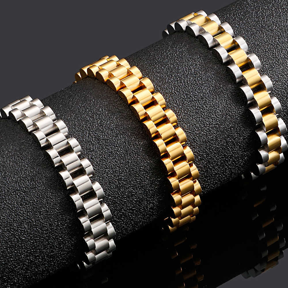 Golden Stainless Steel Men&#039;s Bracelet For Men 10MM Wide Watch Chain Ladies Female Bracelets Wholesale Boys Jewellery Accessories 210609