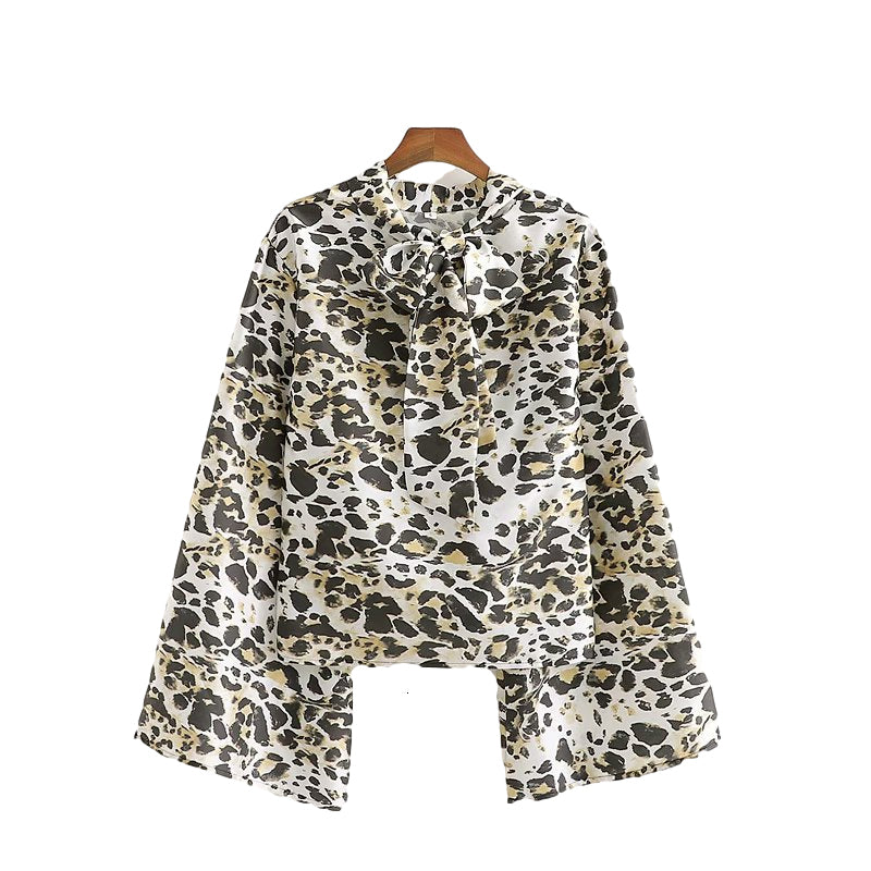 Women&#039;s Knits & Tees Vintage Woman Beige Flare Sleeve Leopard Satin Blouse Spring Autumn Fashion Ladies Bow Blouses Female Casual